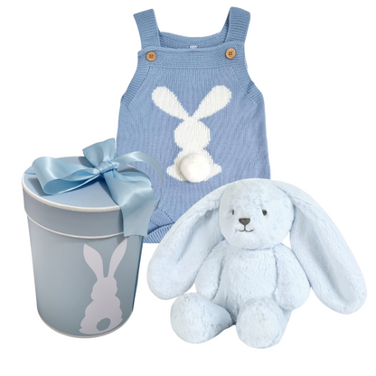 A short summer style knitted baby romper with a bunny design, a plush white and gray bunny toy, and a blue gift box with a bunny print, tied with a blue ribbon.