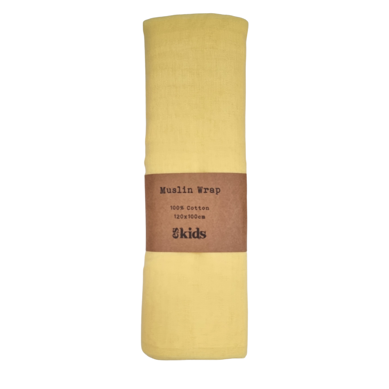 A yellow cotton muslin baby wrap with a label that reads 'Muslin Wrap 100% Cotton 120x120cm 4 kids'.
