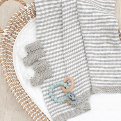 Grey and White Striped 100% Cotton Knitted Baby Blanket