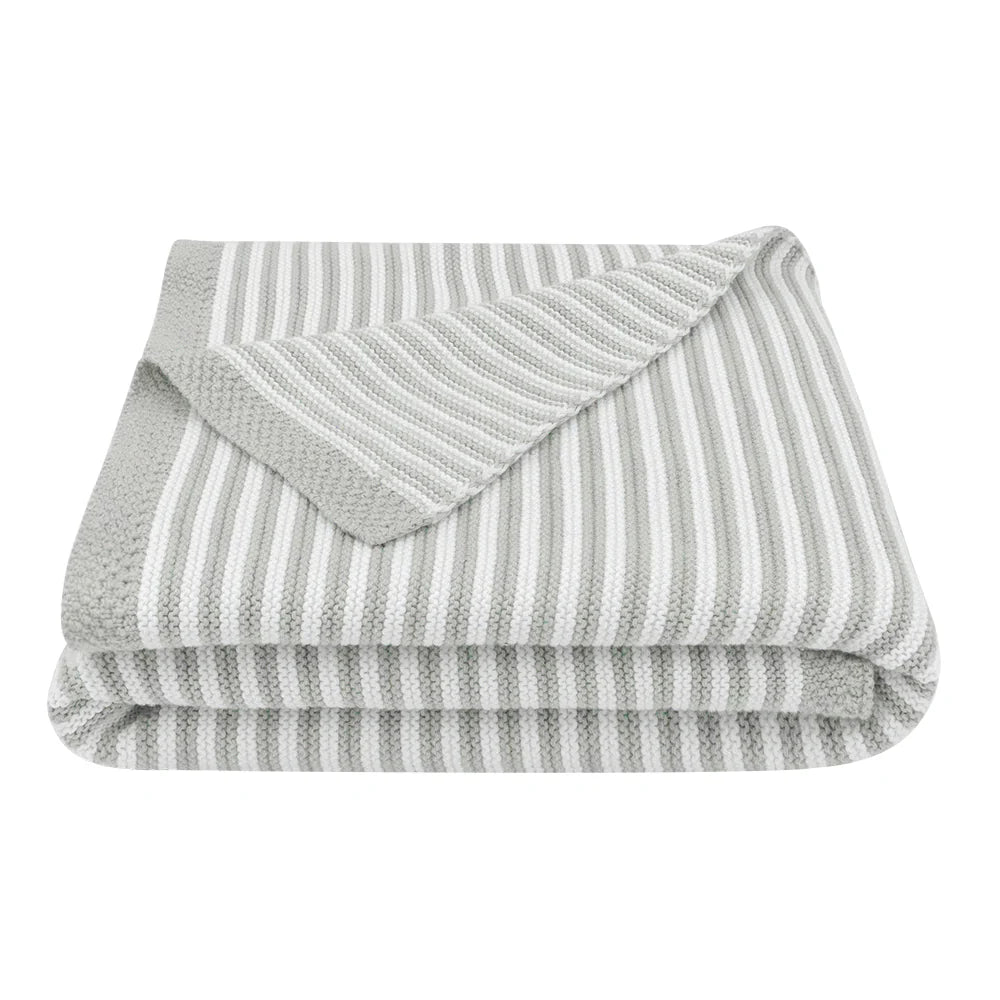 Grey and White Striped 100% Cotton Knitted Baby Blanket 