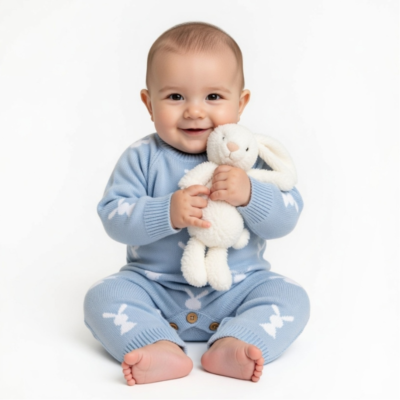 Baby in a blue outfit holding a white plush toy against a white background