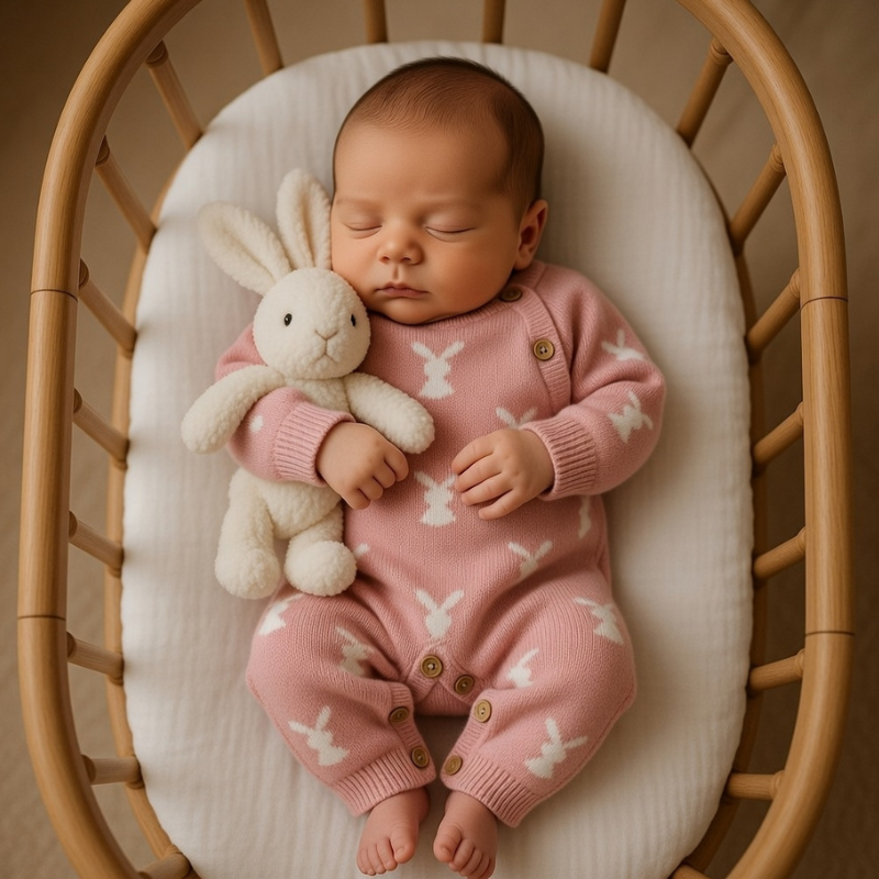 Baby in a pink outfit with bunny patterns lying in a crib with a plush bunny toy.