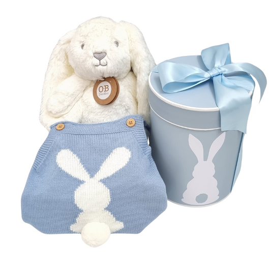 A baby romper with a bunny design, a plush white and gray bunny toy, and a blue gift box with a bunny print, tied with a blue ribbon.