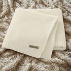 A folded knitted baby blanket in a light color, displayed on a textured surface.