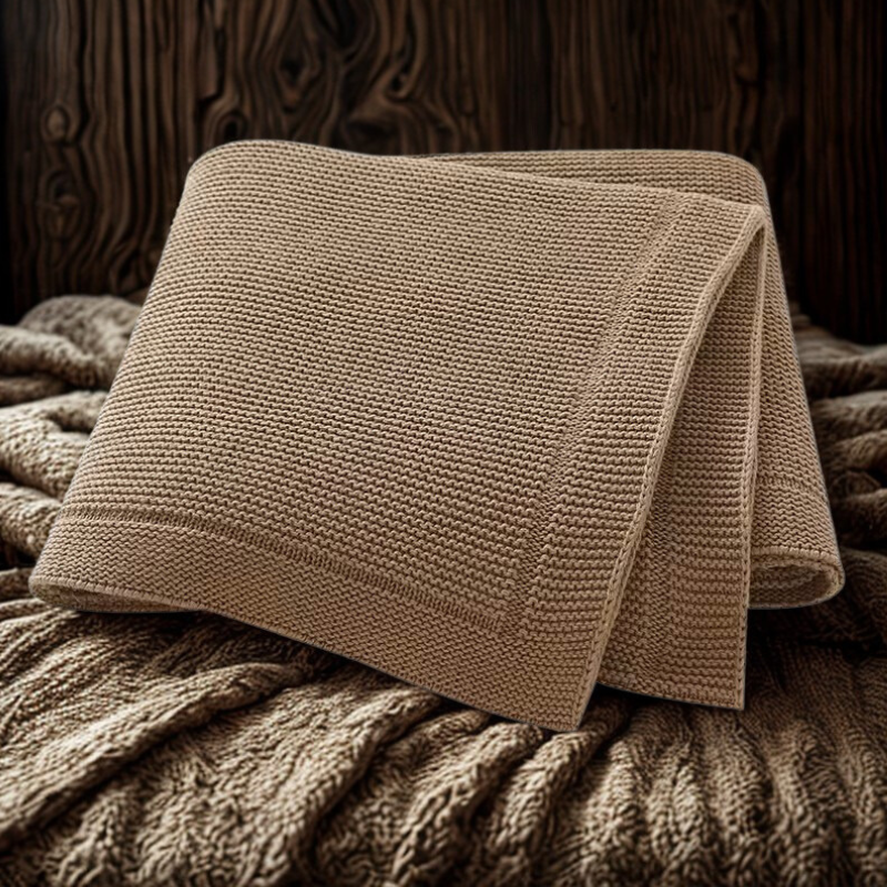 Beige knitted baby blanket on a textured surface.