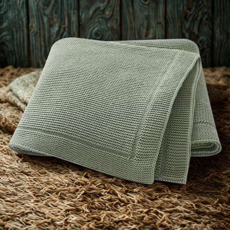 Knitted sage green baby blanket on a textured brown surface.