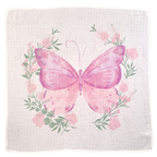 Pink butterfly with floral elements on a textured fabric background