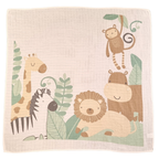 Baby blanket with cartoon animals including a giraffe, zebra, lion, hippo, and monkey on a beige background.