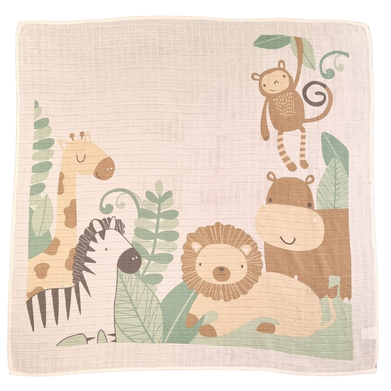 Baby blanket with cartoon animals including a giraffe, zebra, lion, hippo, and monkey on a beige background.