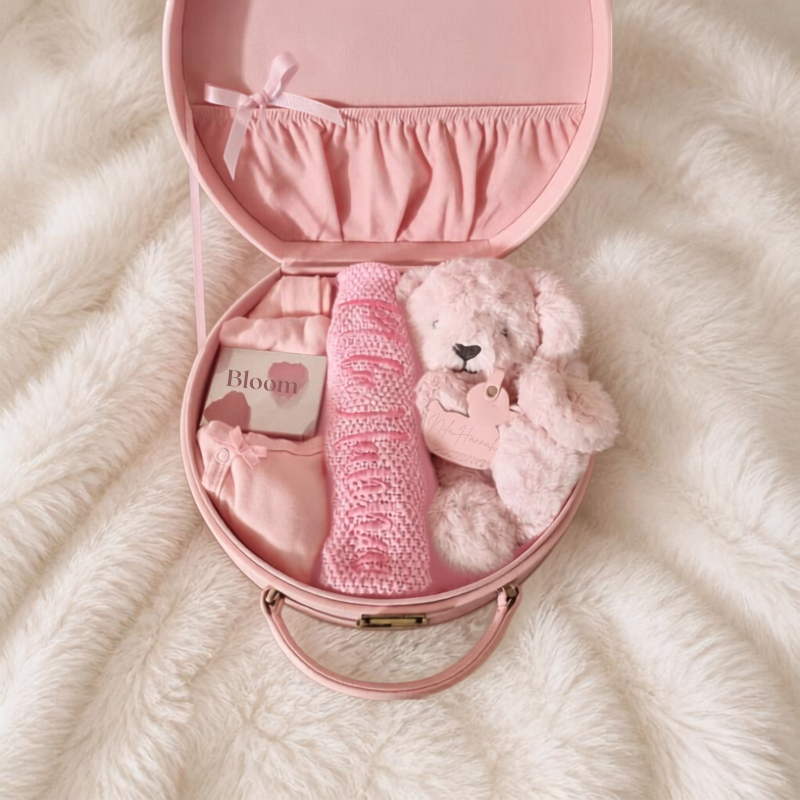 pink personalised bunny and blanket in a keepsake gift box