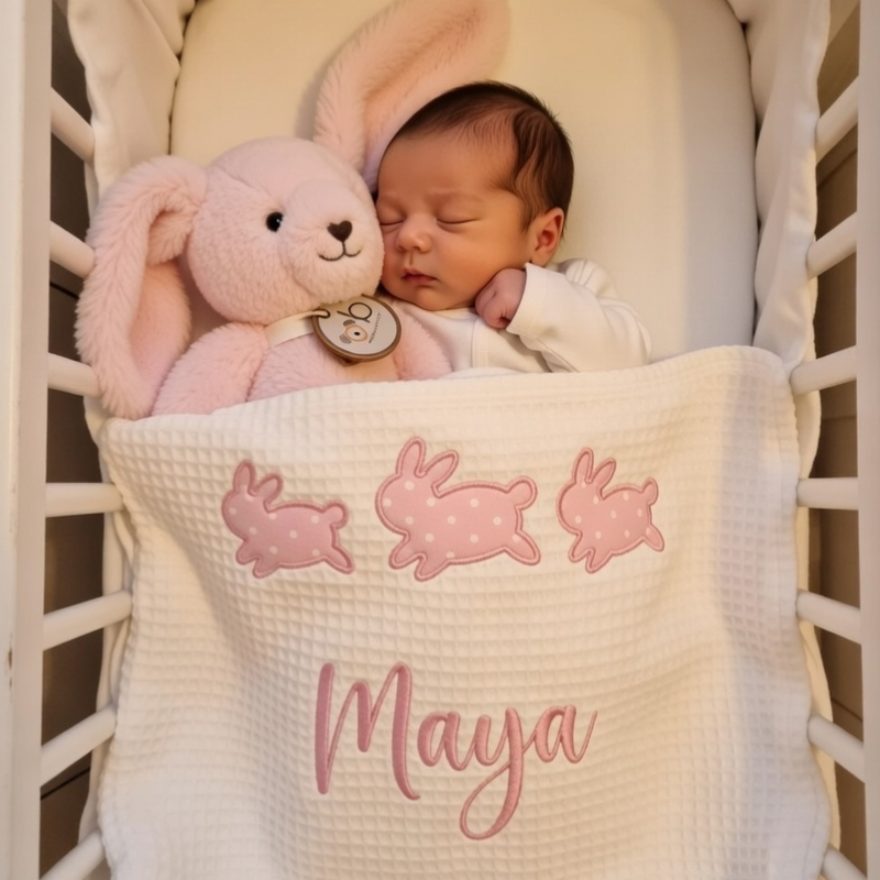 Newborn baby in a crib with a pink bunny plush toy and blanket with 'Maya' on it.