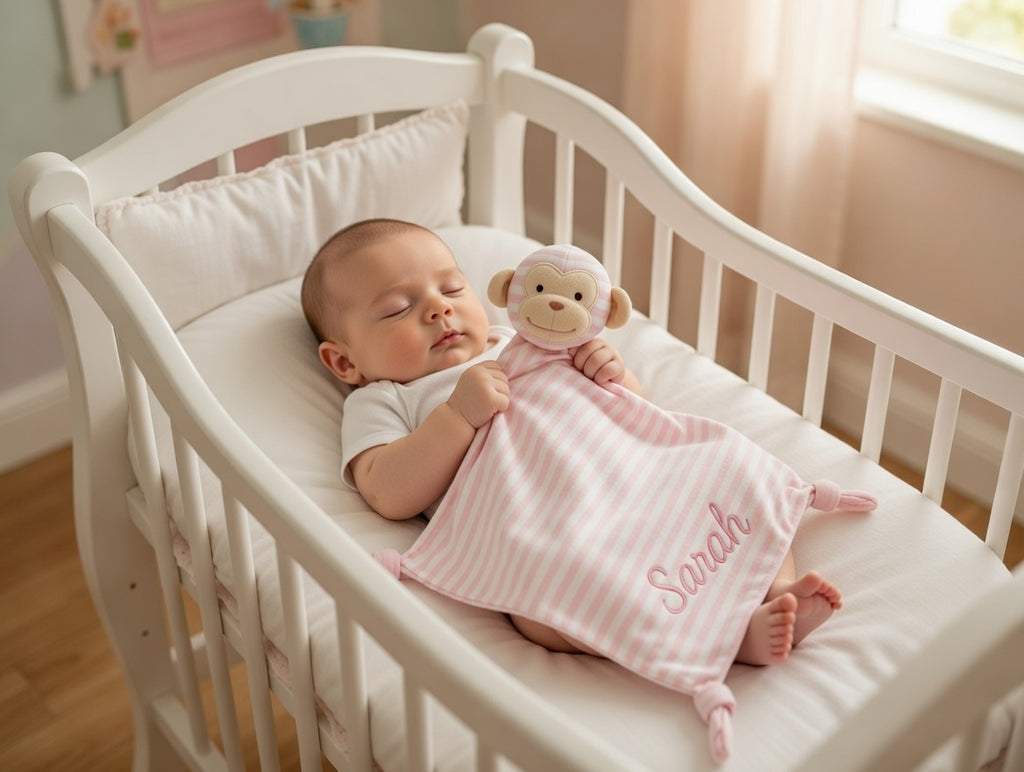 Baby in a crib with a pink monkey toy and blanket named 'Sarah'