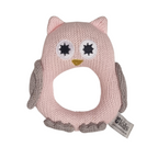 Knitted owl-shaped pink ring toy on a white background