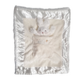satin and velour baby comforter with bunny toy in pocket with "lulla Bunny Bye" embroidered on front
