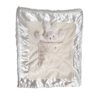 satin and velour baby comforter with bunny toy in pocket with "lulla Bunny Bye" embroidered on front