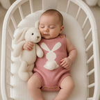 Baby in a pink bunny romper holding a white plush toy in a crib.
