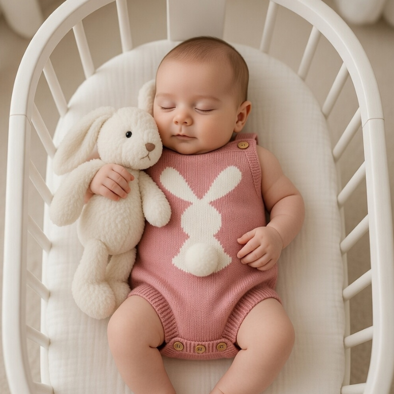 Baby in a pink bunny romper holding a white plush toy in a crib.