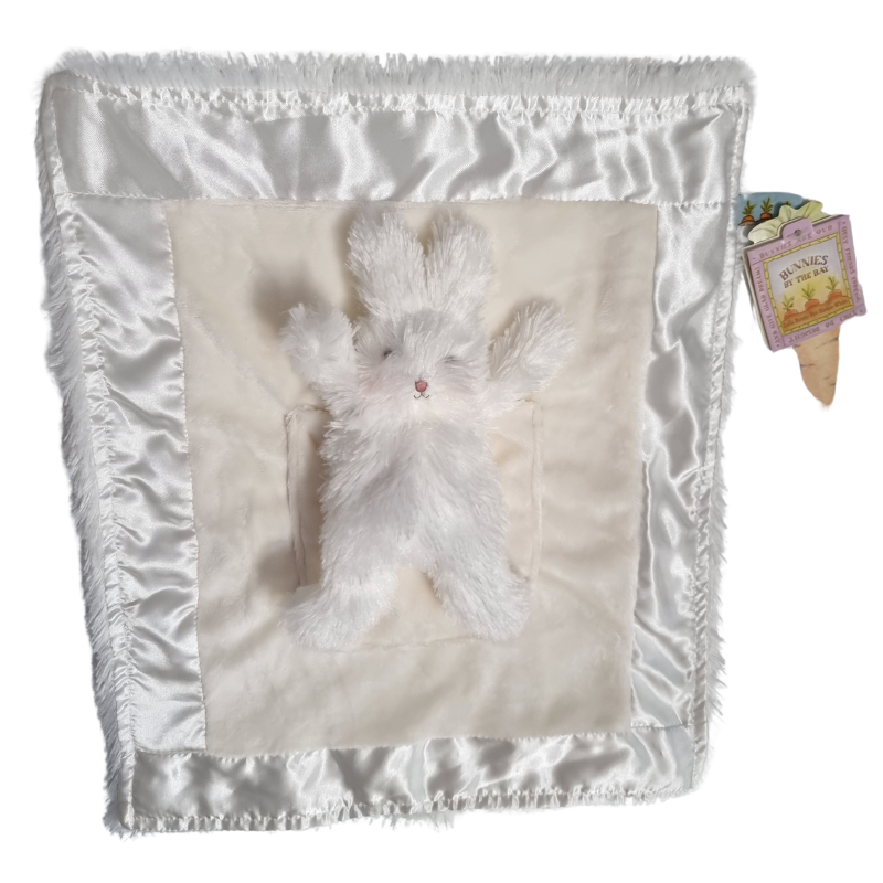 cream satin and velour fabric baby comforter with attached plush bunny toy