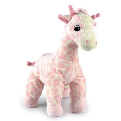Pink and white giraffe plush toy on a white background