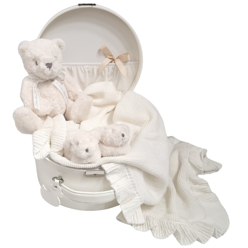 White baby gift set with teddy bears and a blanket in a white suitcase on a white background