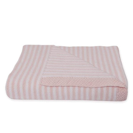 beautiful knitted pink baby blanket with white pinstripes perfect for newborn baby girl