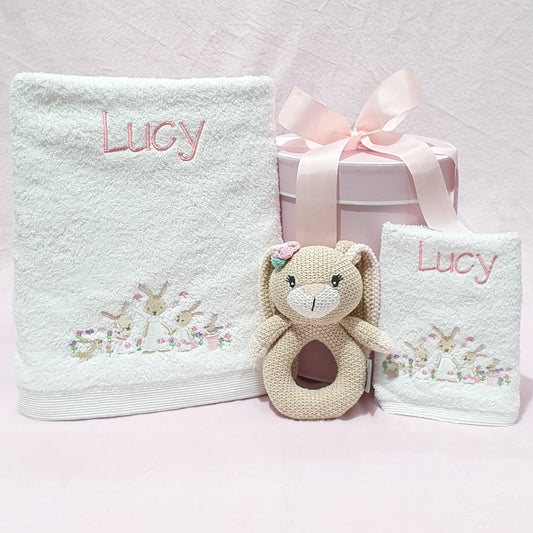 Personalised Baby Girl Bath Towel Bunny Hamper