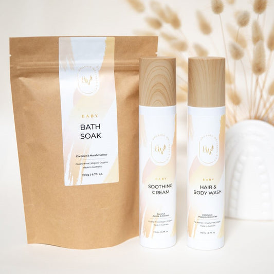 organic baby skincare pack soothing lotion hair & body wash and baby bath soak
