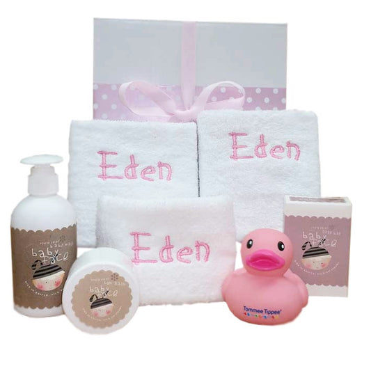 girls personalised face cloth and lotion hamper embroidered with baby's name
