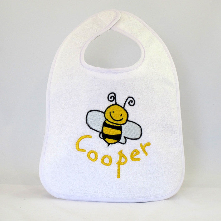 personalised neutral baby bib embroidered with bumble bee design and babies name