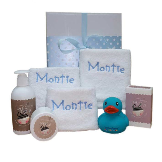 baby boy personalised face cloth and bath lotion hamper embroidered with baby's name