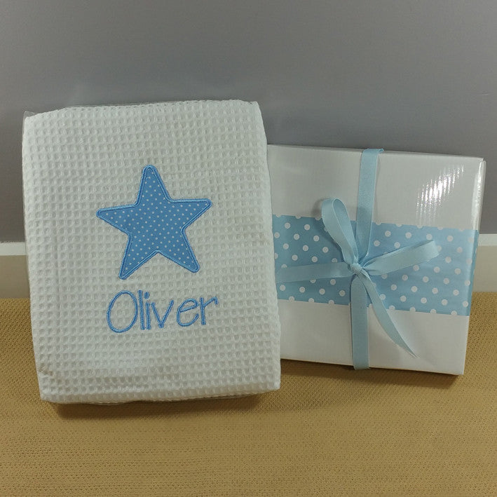 personalised baby blue star design baby blanket gift boxed