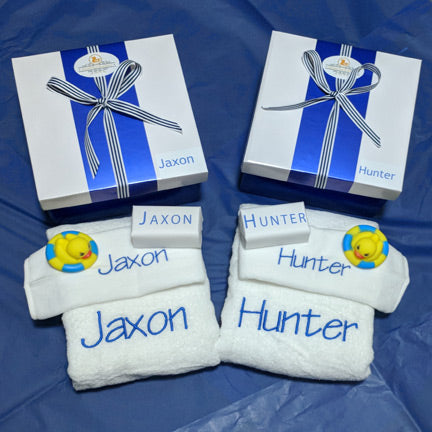 boys personalised baby bath towel set personalised gift box navy blue with goats milk baby soap and rubber bath ducky