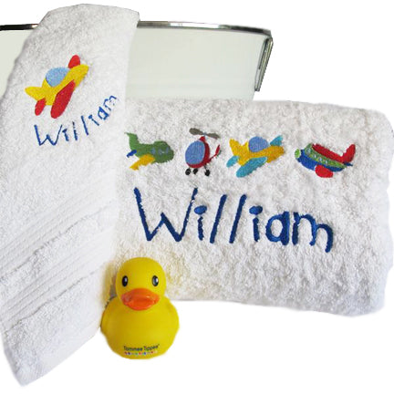 boys personalised planes and helicopters bath towel set