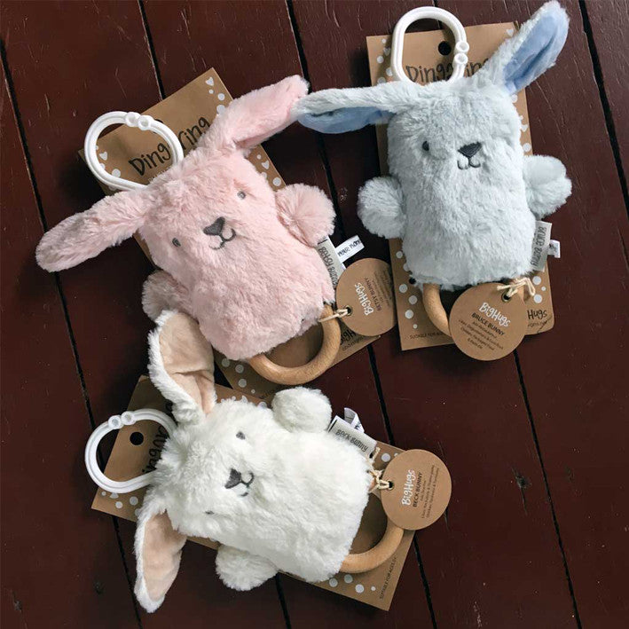 soft bunny baby rattle pink, blue, cream