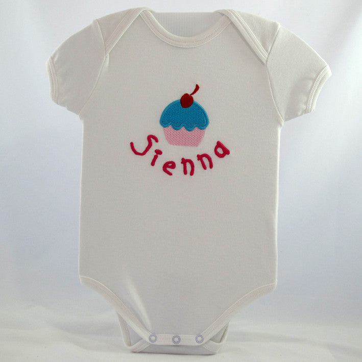 personalised baby girl body suit embroidered with a cute cup cake design and with baby's name