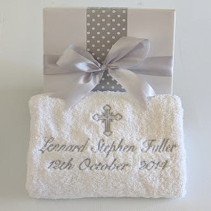 Personalised Christening Baptism bath towel embroidered with a cross and the babies full name and Christening Baptism date in silver script font