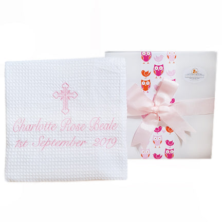 Baby Girl Christening Baptism 100% cotton blanket embroidered with a cross design and baby's full name and Christening Baptism date