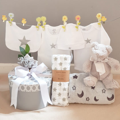 silver star design neutral corporate baby gift hamper