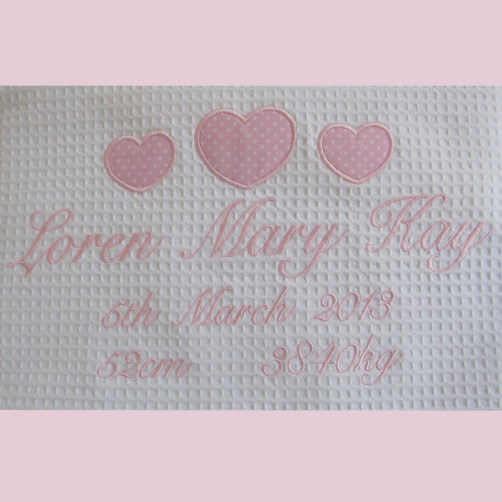 Christening blanket embroidered with 3 hearts design babies full name and christening date