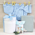 Organic baby boy blue gift hamper with knitted wood elephant teether, organic blanket, bib, beanie and suit.