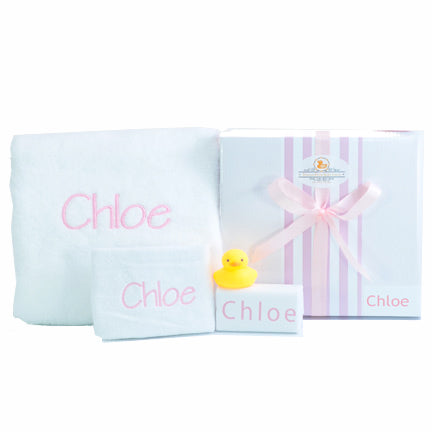 girls personalised baby bath towel set personalised gift box baby pink with bath ducky and goats milk baby soap
