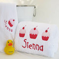 personalised baby girl bath set cup cake applique` design gift boxed
