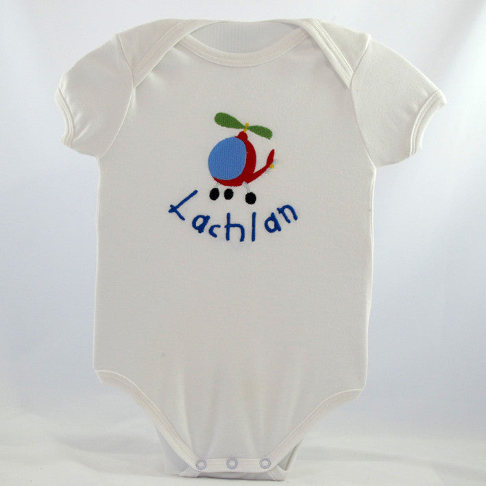 personalised baby body suit embroidered with helicopter design and the new baby's name