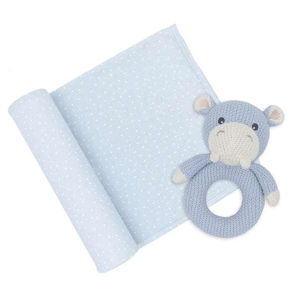 Henry Hippo Jersey Swaddle Blanket Rattle Set