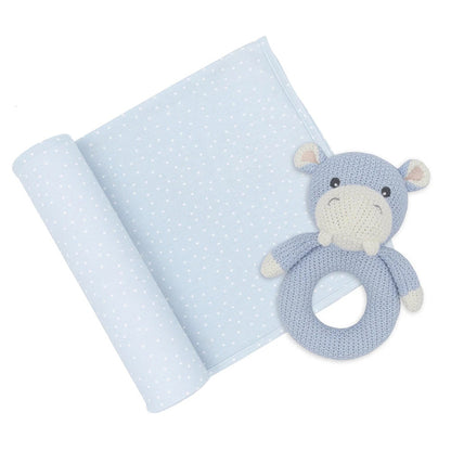 Henry Hippo Jersey Swaddle Blanket Rattle Set