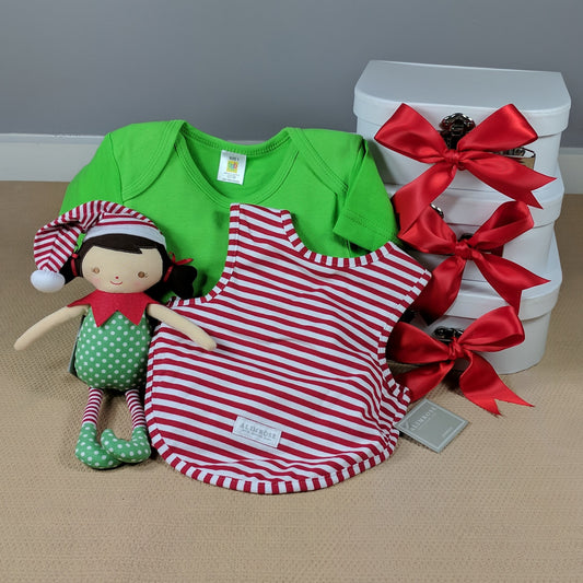 girls first Christmas baby hamper Elf doll baby suit bib