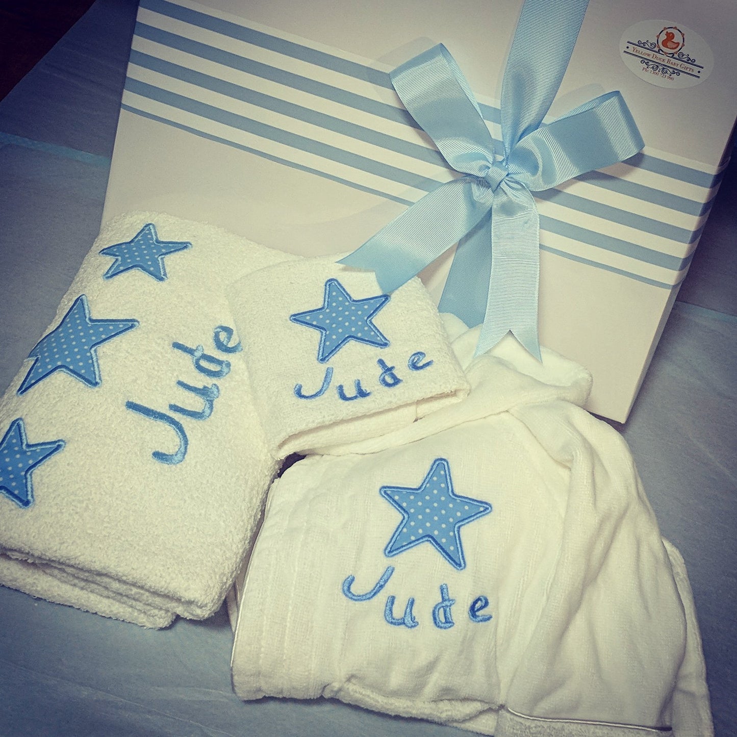 boys personalised baby bath robe and towel hamper Embroidered with stars design and personalised with baby's name