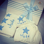 boys personalised baby bath robe and towel hamper Embroidered with stars design and personalised with baby's name
