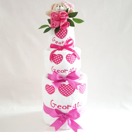 Personalised Baby Girl Heart Towel Nappy Cake Hot Pink|#FF1493 