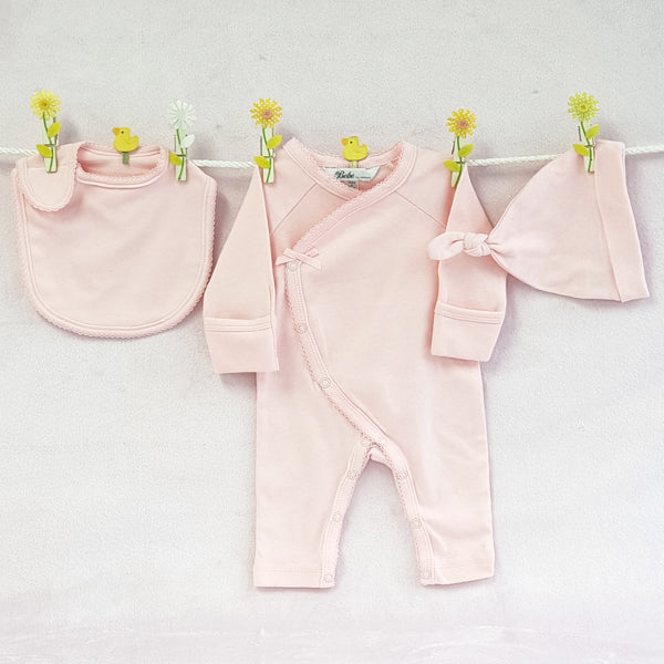 Organic baby girl pink clothing set with suit, bib and beanie.